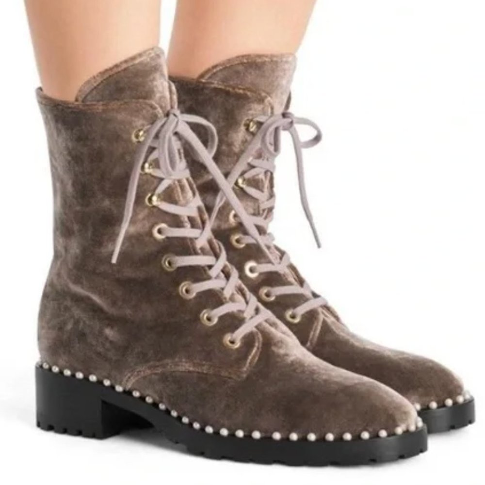 Stuart Weitzman Allie Desert Rose Velvet Pearl Trim Combat Boots Size 7.5 Womens